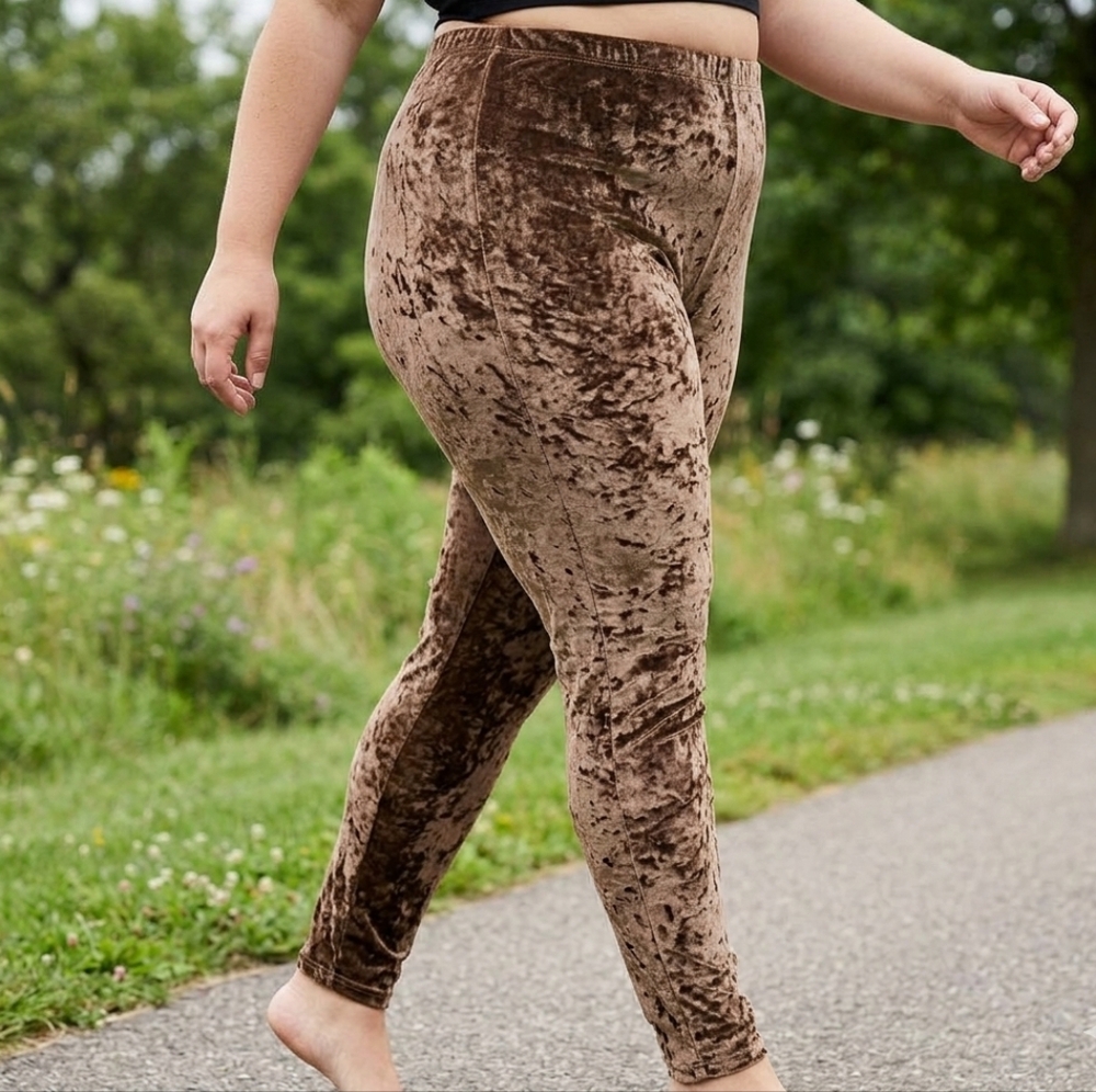 April Cornell Brown Velvet Waistband Leggings Size XL Stretch Pull On Pants